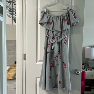 Flit and flare off-the-shoulder embroidered dress with belt